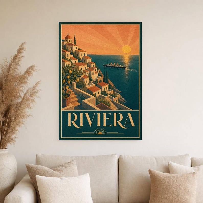 Teal Art Deco Travel Wall Art | Amalfi Riviera Poster | Coastal Gallery Print image 4
