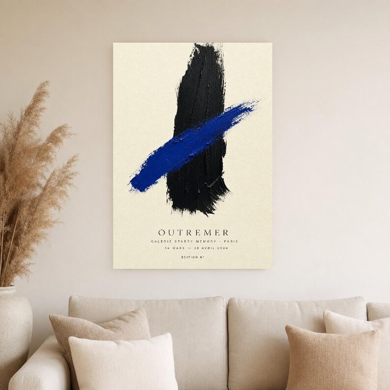 Zagranica | Abstrakcyjna sztuka ścienna | Nowoczesny plakat galeryjny | Minimalistyczny wydruk w kolorze niebieskim i czarnym | Wydruk i wysyłka zdjęcie 4