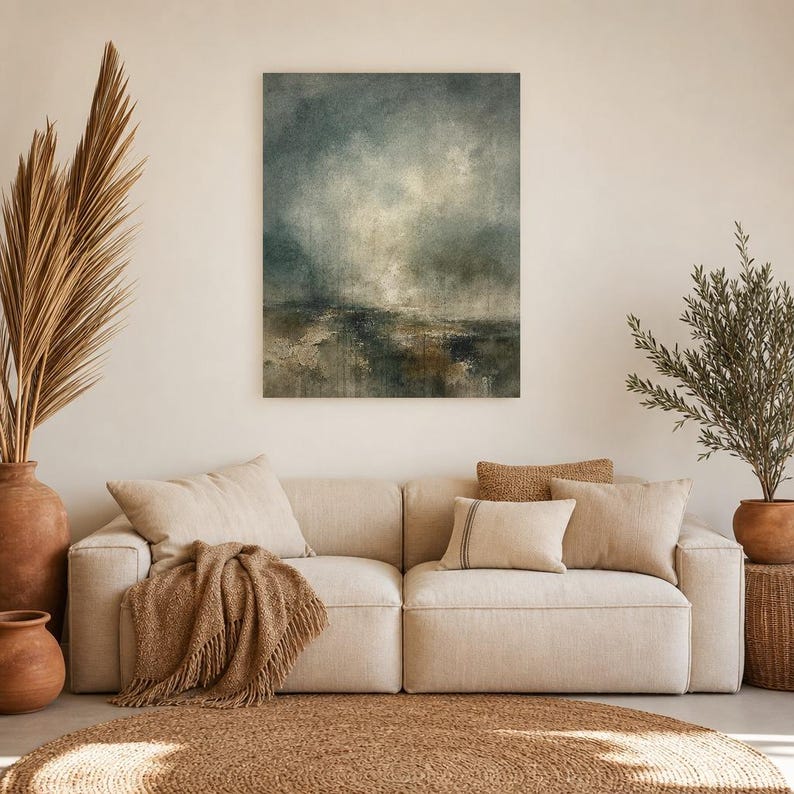Dark Green Abstract Wall Art Print | Large Statement Color Field Print | Forest Impasto Textured Poster | Moody Wabi-Sabi Office Decor image 7