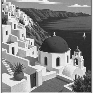 Cartel de viaje de Santorini | Arte de pared vintage de Grecia | Impresión de la Caldera del Egeo | Decoración costera azul blanca | Arte de imagen 10