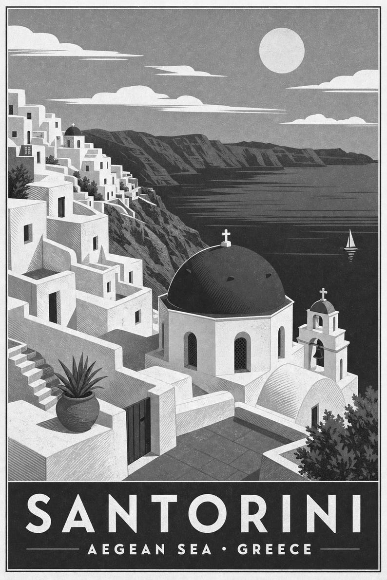 Cartel de viaje de Santorini | Arte de pared vintage de Grecia | Impresión de la Caldera del Egeo | Decoración costera azul blanca | Arte de imagen 10
