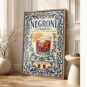Negroni Cocktail Tile Wall Art Print | Italy National Drink Poster | Azulejo Bar Cart Print | Maiolica Kitchen Decor image 1