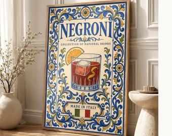 Negroni Cocktail Tile Wall Art Print | Italy National Drink Poster | Azulejo Bar Cart Print | Maiolica Kitchen Decor