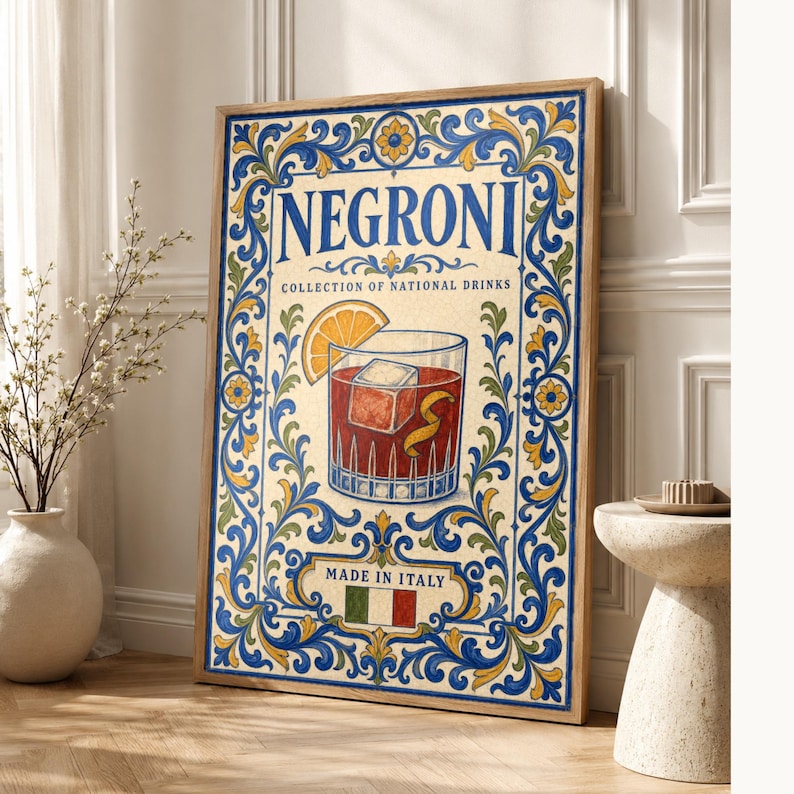 Negroni Cocktail Tile Wall Art Print | Italy National Drink Poster | Azulejo Bar Cart Print | Maiolica Kitchen Decor image 1