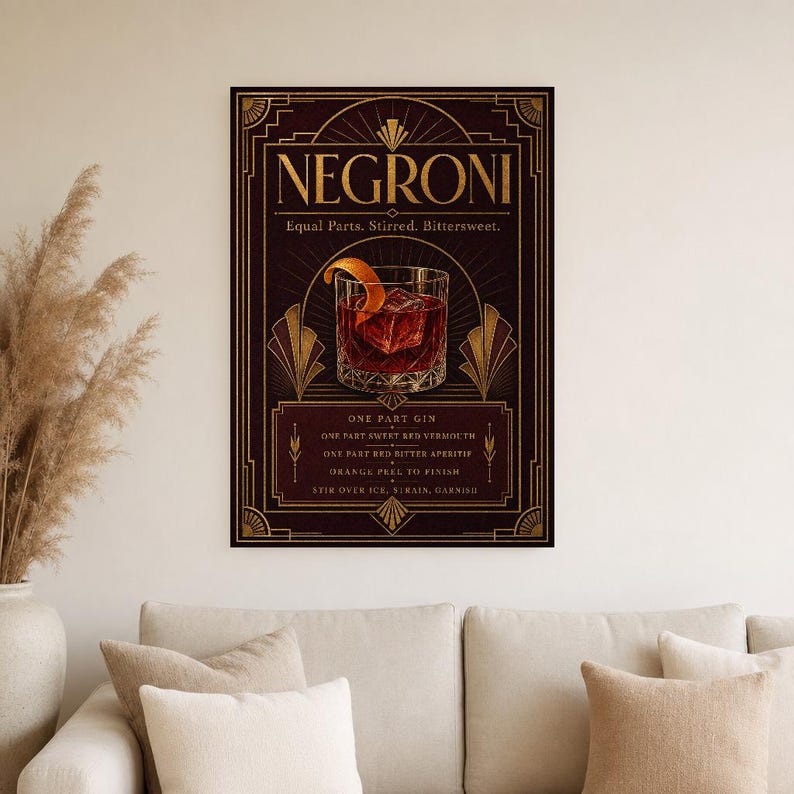 Bordeaux Art Deco Negroni Recipe Wall Art Print | Gold Cocktail Recipe Poster | Bar Cart Decor Print | Kitchen Wall Art image 4