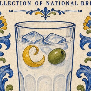 Ouzo cocktail tegel kunst aan de muur | Nationale drankposter van Griekenland | Azulejo Barwagen afdrukken | Maiolica keukendecor afbeelding 3