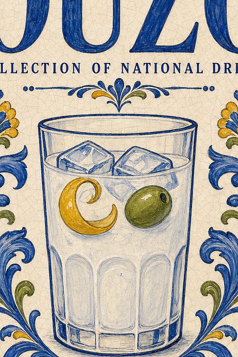 Ouzo cocktail tegel kunst aan de muur | Nationale drankposter van Griekenland | Azulejo Barwagen afdrukken | Maiolica keukendecor afbeelding 3