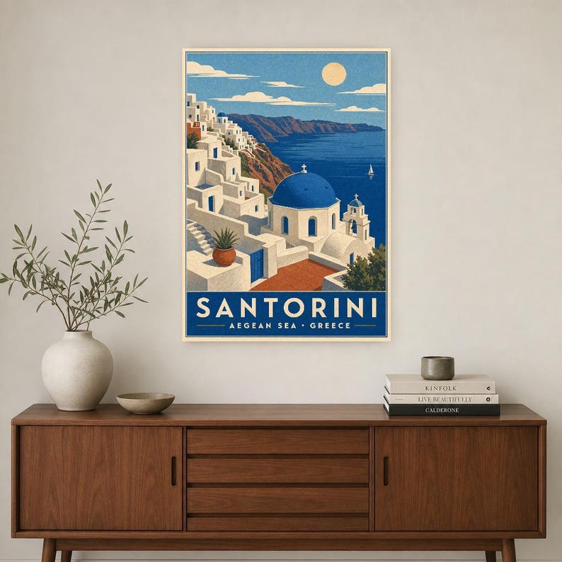 Cartel de viaje de Santorini | Arte de pared vintage de Grecia | Impresión de la Caldera del Egeo | Decoración costera azul blanca | Arte de imagen 2