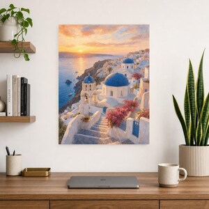 Póster de viaje de Santorini | Pintura suave para pared sobre Grecia | Lámina costera de las cúpulas azules de Oia | Impreso y enviado imagen 8