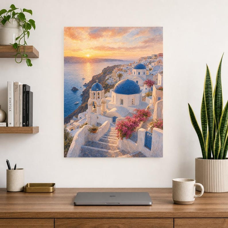 Póster de viaje de Santorini | Pintura suave para pared sobre Grecia | Lámina costera de las cúpulas azules de Oia | Impreso y enviado imagen 8