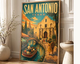 San Antonio Travel Poster | Vintage River Walk Print | Texas Wall Art Print | Mid Century City Decor