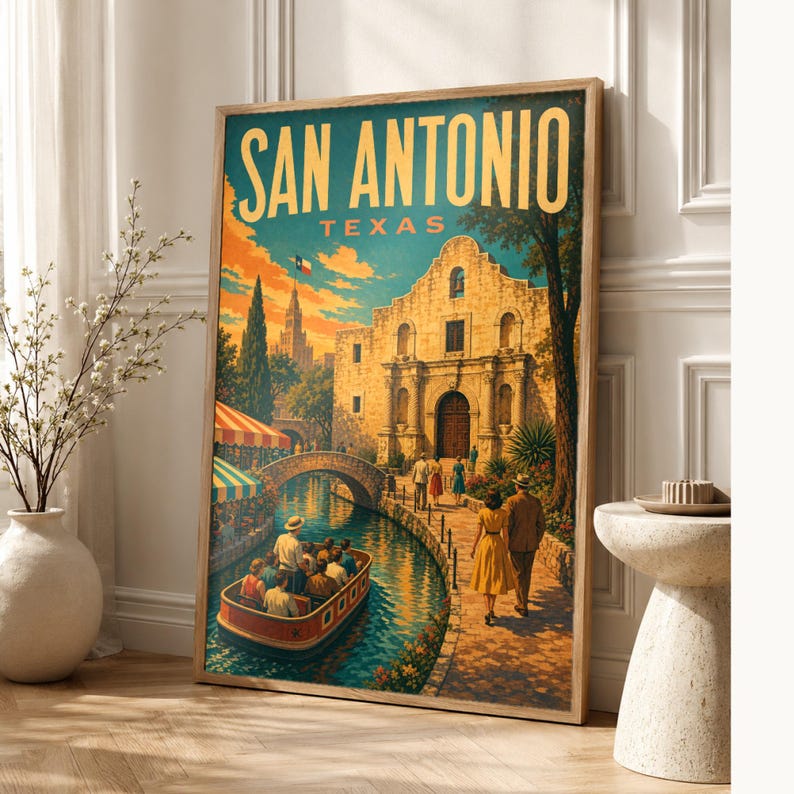 San Antonio Travel Poster | Vintage River Walk Print | Texas Wall Art Print | Mid Century City Decor image 1