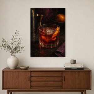 Boulevardier Cocktail Print | Moody Bar Cart Wall Art Print | Whiskey Negroni Still Life image 2