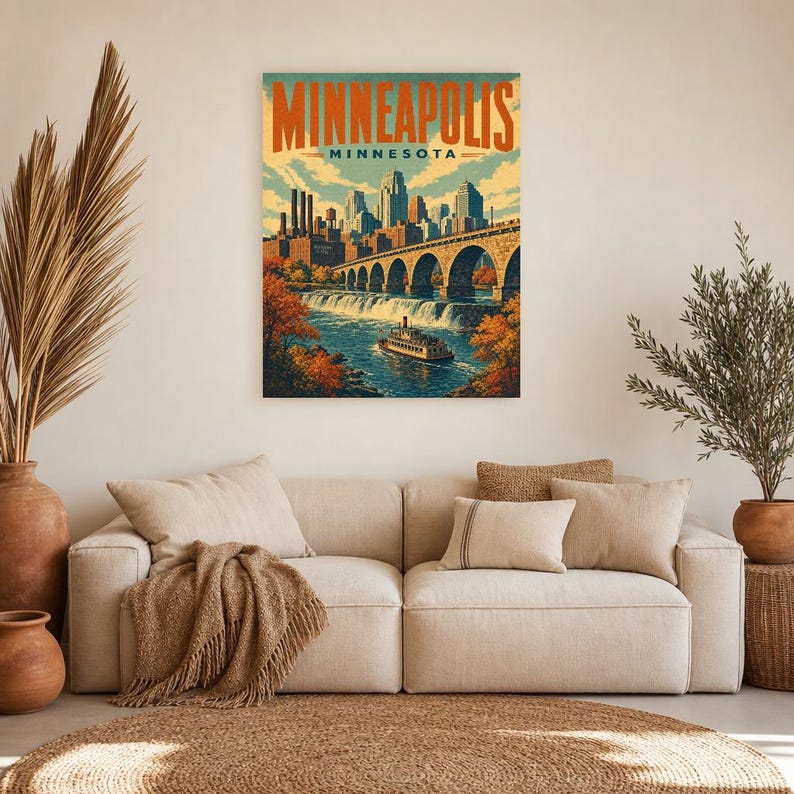 Minneapolis Travel Poster | Vintage Stone Arch Bridge Print | Minnesota Wall Art Print | Mid Century City Decor image 6