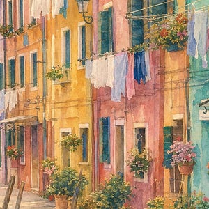 Burano Travel Poster | Soft Painting Italy Wall Art | Colorful Venice Canal Houses Print | Printed & Shipped image 3