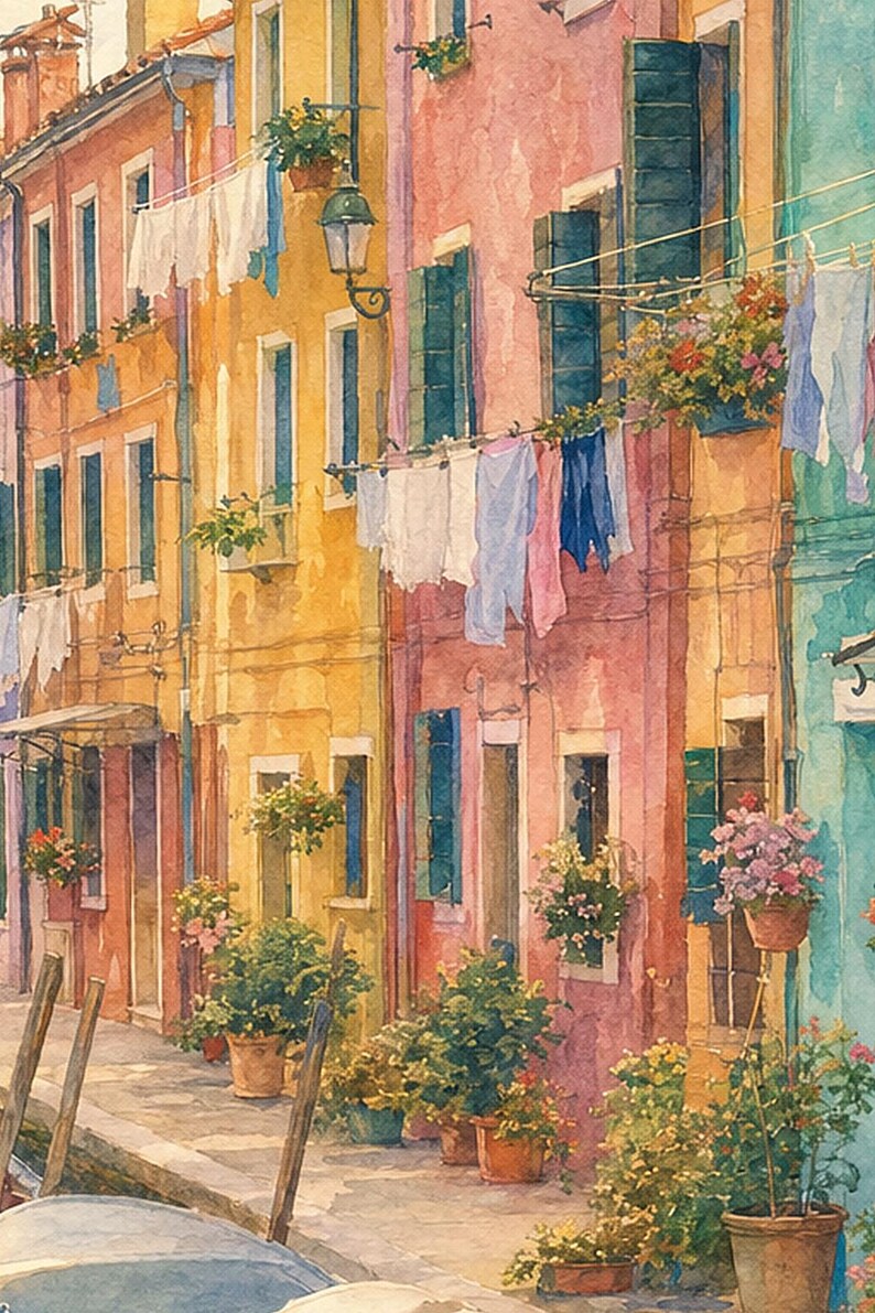 Burano Travel Poster | Soft Painting Italy Wall Art | Colorful Venice Canal Houses Print | Printed & Shipped image 3