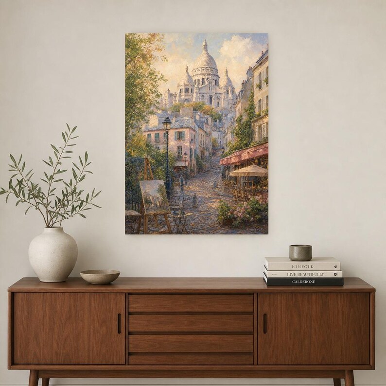 Póster de Montmartre, París | Pintura suave para pared, arte francés | Lámina de la calle adoquinada del Sacré-Cœur | Impreso y enviado imagen 2