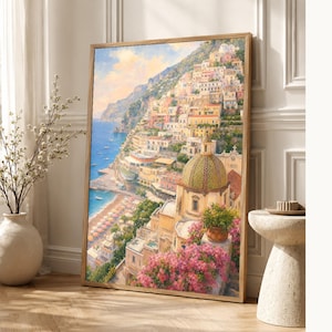Positano reisposter | Zachte schildering Amalfikust print | Italiaanse muurdecoratie | Kustdecoratie | Gedrukt en verzonden afbeelding 1