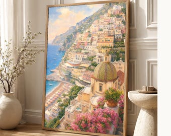 Plakat podróżniczy Positano | Miękki obraz, wydruk z Wybrzeża Amalfi | Włoska sztuka ścienna | Wystrój nadmorski | Wydruk i wysyłka