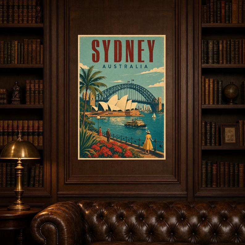 Reseaffisch med Sydney | Vintagetryck av operahuset | Australisk väggkonst | Tryckt och skickad bild 5
