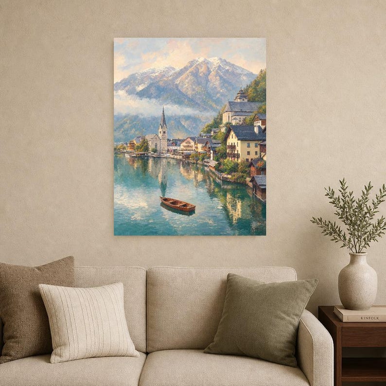 Póster de viaje de Hallstatt | Pintura suave para pared en Austria | Lámina de pueblo alpino junto al lago | Impreso y enviado imagen 9