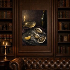 Moody Oysters Champagne Wall Art | Dark Food Still Life Poster | Kitchen Wall Art Print | Aperitivo Art image 5