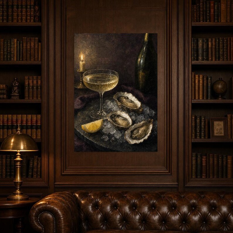 Moody Oysters Champagne Wall Art | Dark Food Still Life Poster | Kitchen Wall Art Print | Aperitivo Art image 5