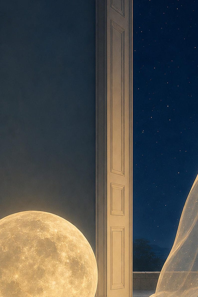 Impresión de arte de pared de luna surrealista ? Póster de dormitorio con paisaje de ensueño | Luna llena en una habitación Surrealismo suav imagen 3