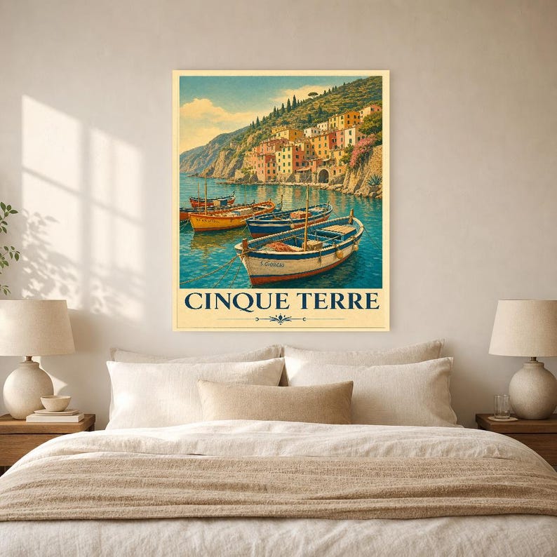 Cinque Terre Wall Art Print | Italian Fishing Boats Poster | Riviera Cove Travel Print | Vintage Dolce Vita Decor | Mediterranean Sea Art image 6