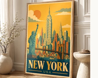 New York Travel Poster | Vintage Skyline Print | USA Wall Art | Printed & Shipped