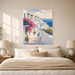 Mykonos Travel Poster | Soft Painting Greece Wall Art | Greek Island Windmills Coastal Print | Printed & Shipped image 6