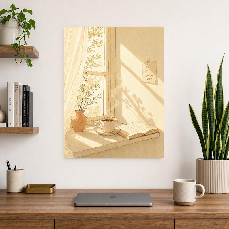 Slow Living Wall Art Print | Morning Coffee Window Poster | Cozy Kitchen Art | Warm Minimal Hand Drawn Wall Decor image 8
