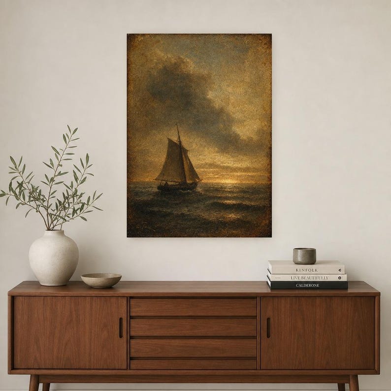 Moody Vintage Sailboat Seascape Wall Art Print | Antique Oil Painting Print | Dark Academia Coastal Decor | Tonalist Marine Poster image 2