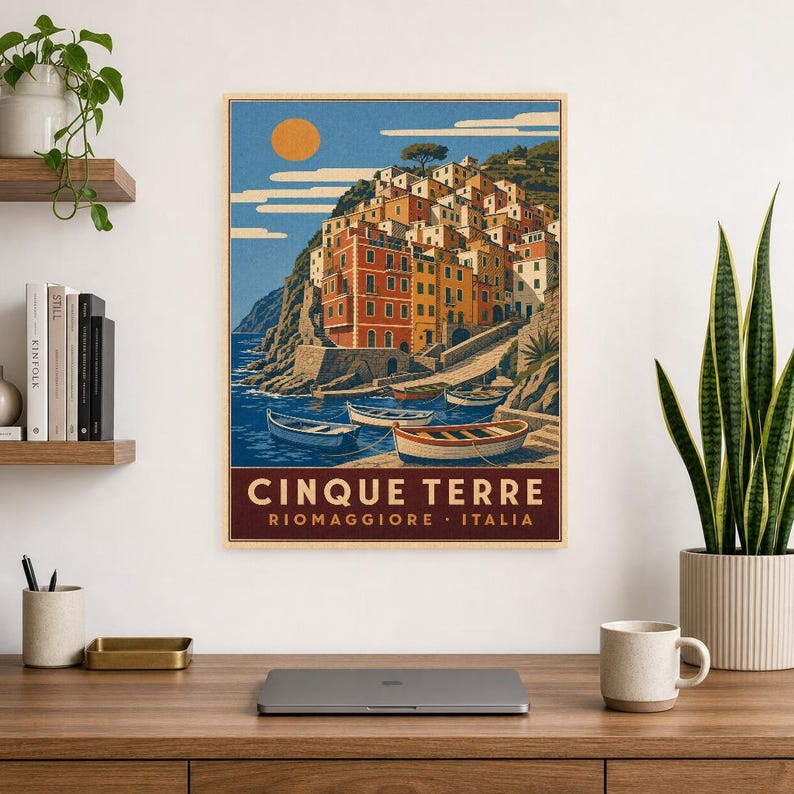 Cinque Terre Travel Poster | Riomaggiore Vintage Wall Art Print | Italian Coast Print | Italian Riviera Decor | Colorful Village Art image 8