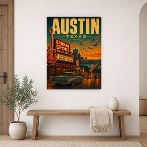 Austin-Reiseposter | Vintage-Druck der Hauptstadt der Livemusik | Texas-Wandbild | Stadtdeko aus der Mitte des 20. Jahrhunderts Bild 9