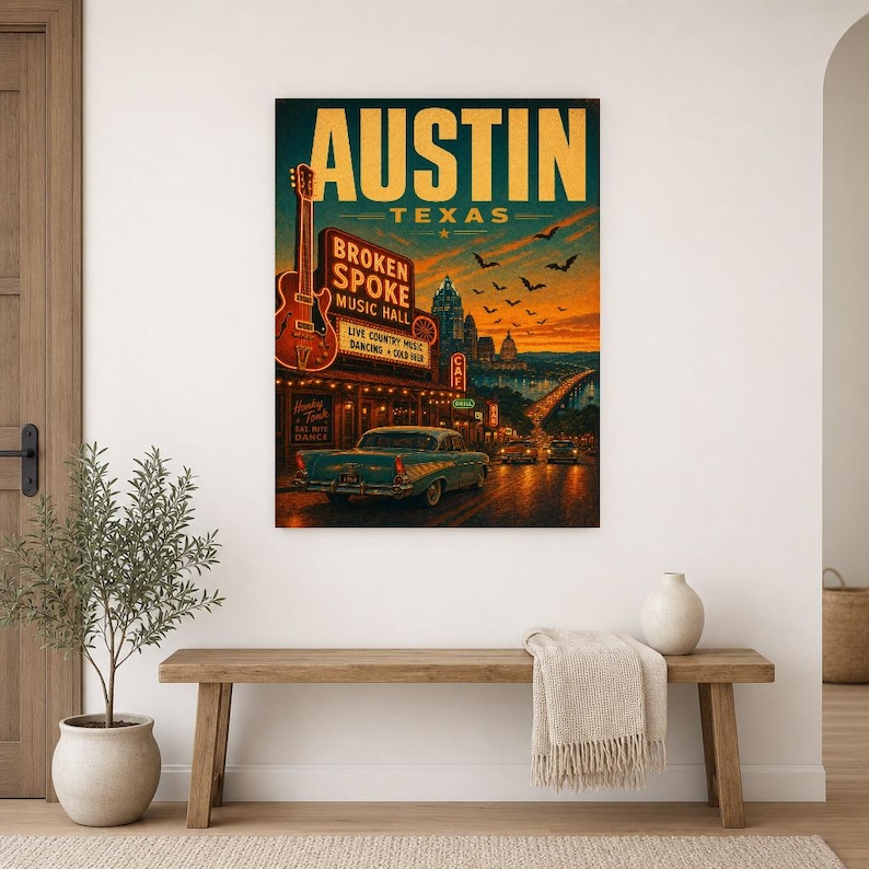 Austin-Reiseposter | Vintage-Druck der Hauptstadt der Livemusik | Texas-Wandbild | Stadtdeko aus der Mitte des 20. Jahrhunderts Bild 9