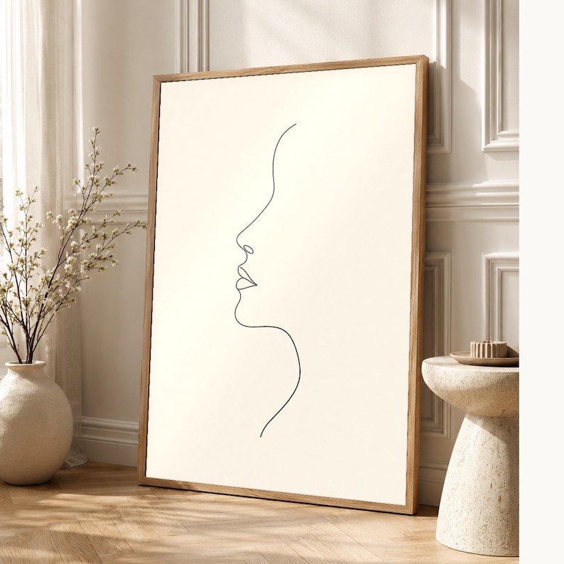 One Line Woman Face Wall Art Print | Minimalist Line Art Print | Abstract Female Profile Poster | Ivory Bedroom Decor | Line Drawing image 1