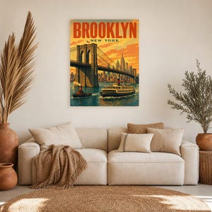 Pôster de viagem do Brooklyn | Impressão vintage da Ponte do Brooklyn dos anos 1950 | Impressão de arte de parede de Nova York | Decoração urbana de meados do século imagem 6