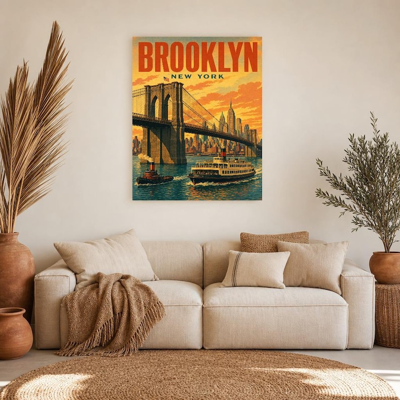 Pôster de viagem do Brooklyn | Impressão vintage da Ponte do Brooklyn dos anos 1950 | Impressão de arte de parede de Nova York | Decoração urbana de meados do século imagem 6