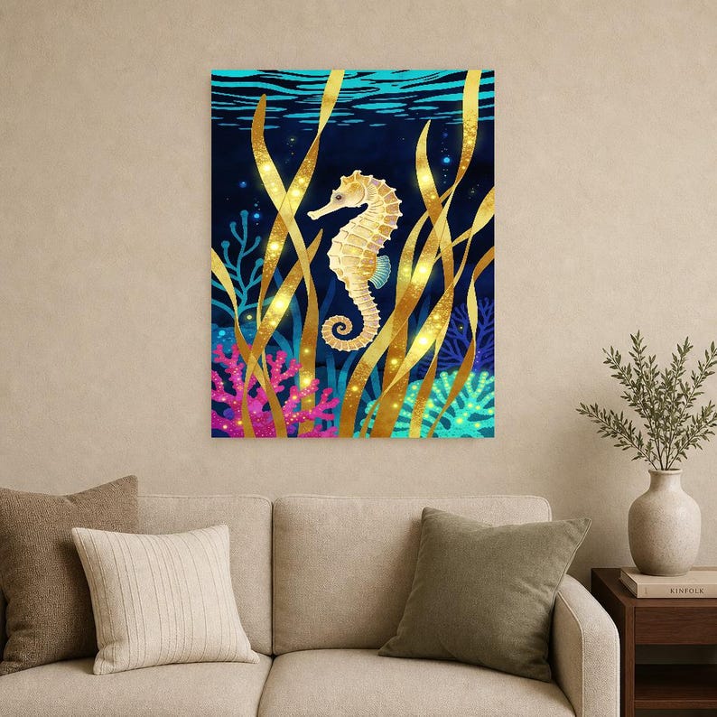 Biolumineszierendes Seepferdchen-Poster | Tiefsee-Ozean-Badezimmer-Wandkunstdruck | Dunkler Küstennachtdruck Bild 15