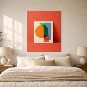 Abstracte muurdecoratie met kaki en wasabi | Opvallende poster met kleurblokken | Moderne geometrische print in mid-century stijl afbeelding 5
