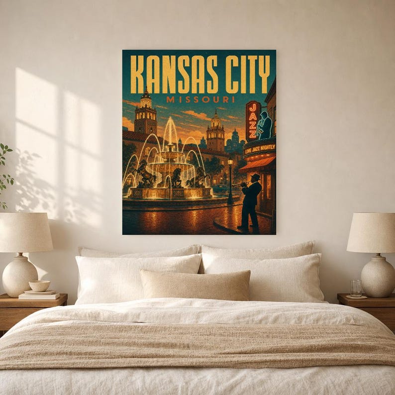 Póster turístico de Kansas City | Lámina vintage de las fuentes de jazz de los años 50 | Lámina decorativa de Missouri | Decoración urbana de mediados de siglo imagen 5