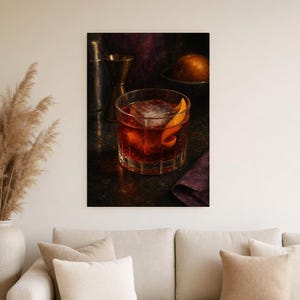 Boulevardier Cocktail Print | Moody Bar Cart Wall Art Print | Whiskey Negroni Still Life image 4