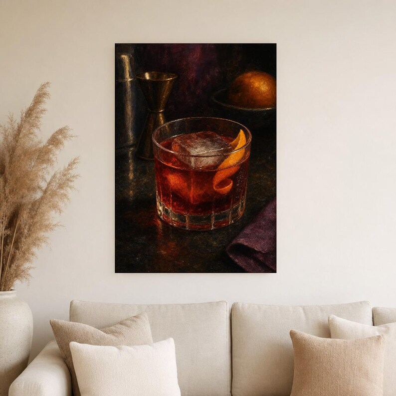 Boulevardier Cocktail Print | Moody Bar Cart Wall Art Print | Whiskey Negroni Still Life image 4