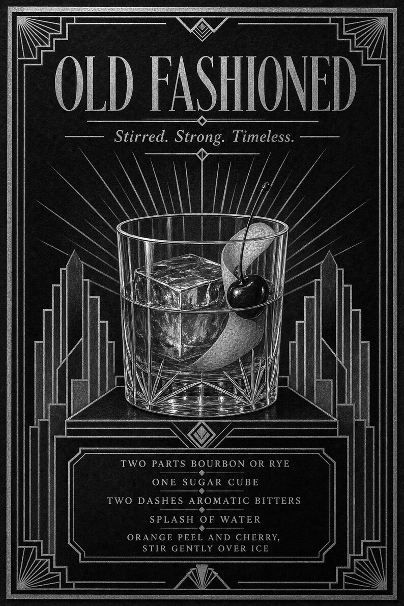 Gold Art Deco Old Fashioned Recipe Wall Art Print | Amber Cocktail Recipe Poster | Bar Cart Decor Print | Kitchen Wall Art image 10