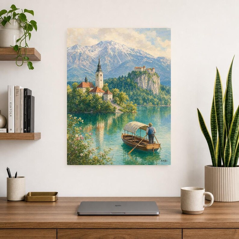 Lake Bled Travel Poster | Soft Painting Slovenia Wall Art | Alpine Island Church Print | Printed & Shipped image 8