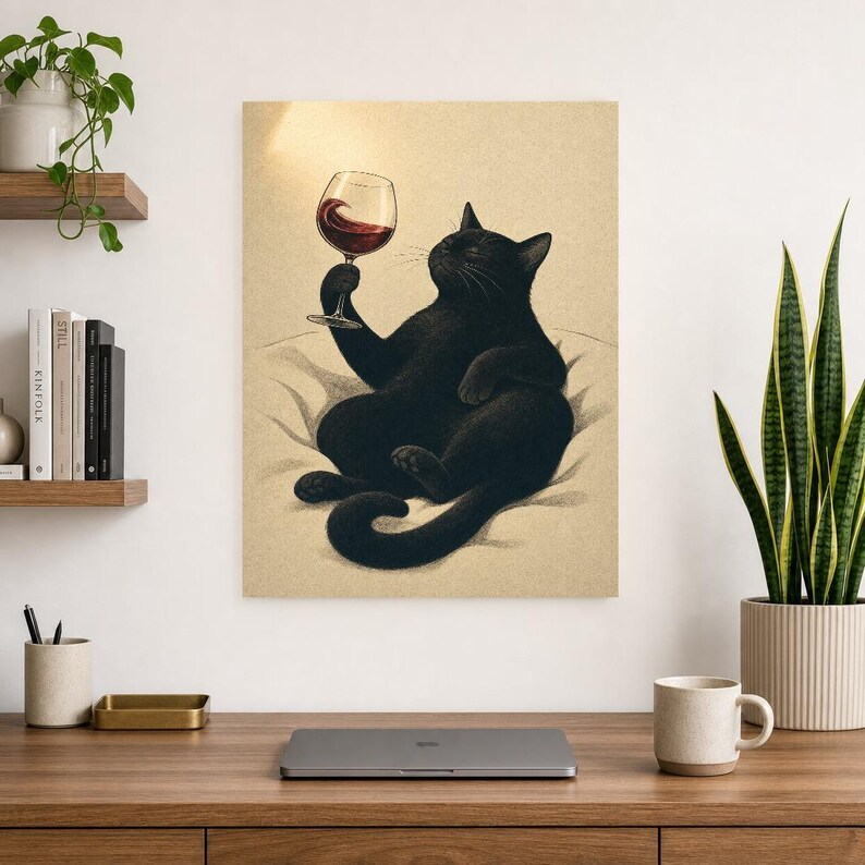 Schwarze Katze Wein Wandkunst | Rotweinglas Poster | Barwagen-Druck | Skurriles Noir Cat Club Küchendekor Bild 8