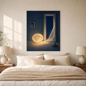 Impresión de arte de pared de luna surrealista ? Póster de dormitorio con paisaje de ensueño | Luna llena en una habitación Surrealismo suav imagen 8