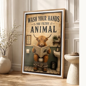 Funny Highland Cow Bathroom Wall Art Print | Wash Your Hands Poster | Vintage Farmhouse Bathroom Print image 1