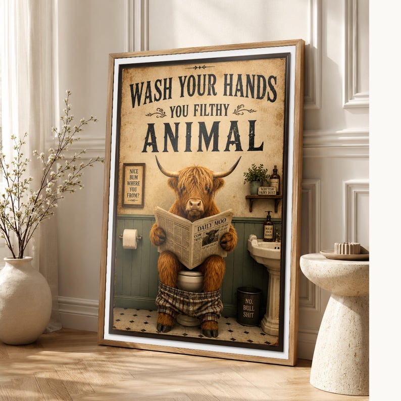 Funny Highland Cow Bathroom Wall Art Print | Wash Your Hands Poster | Vintage Farmhouse Bathroom Print image 1